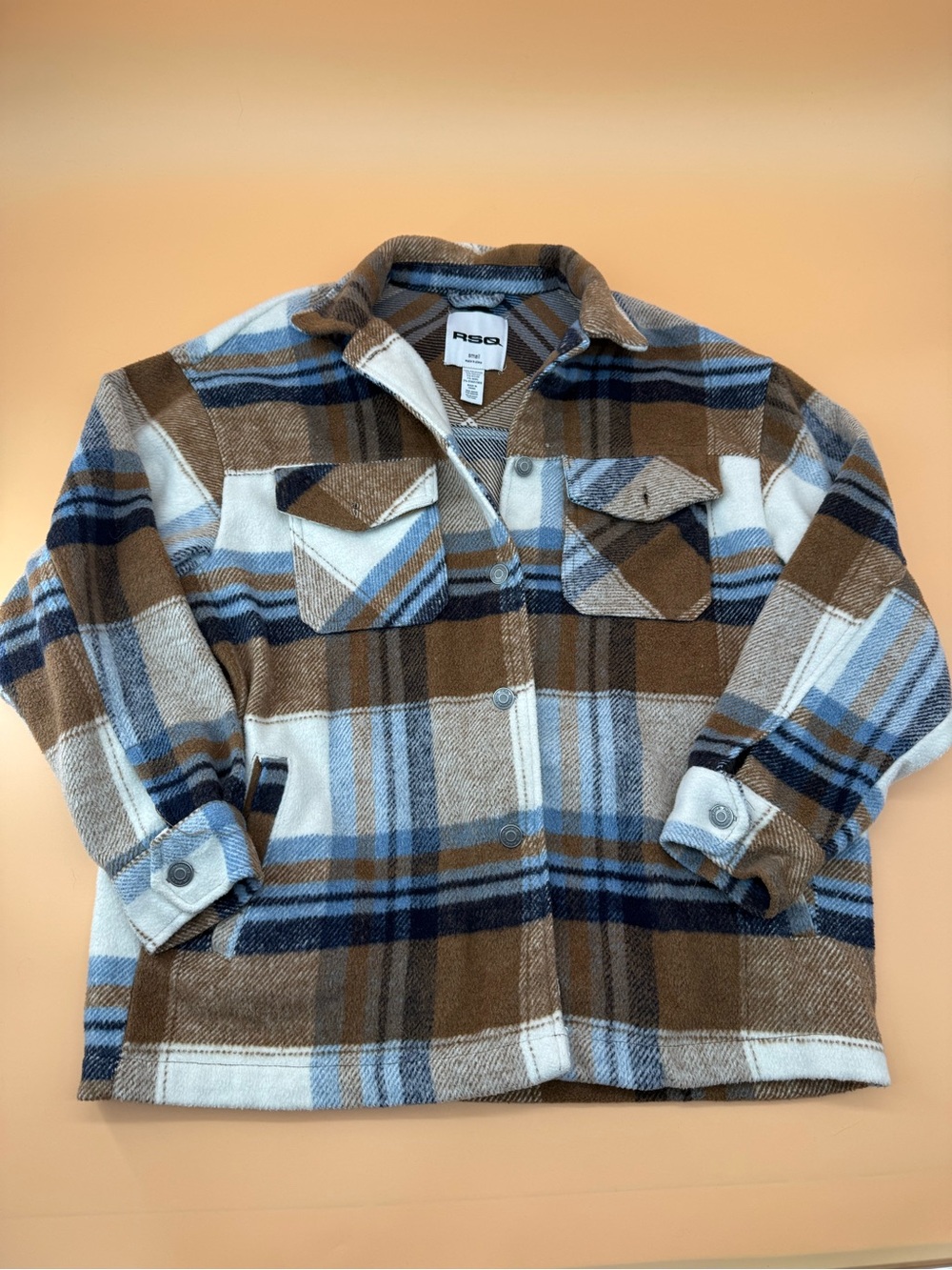 RSQ Plaid Shacket Jacket Brown Blue Oversized Button Front Thick Flannel Fall
